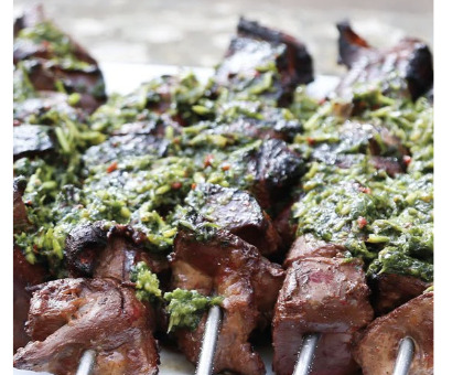 Grilled Ox Heart Skewers with Flatbreads and Burnt Chilli Butter