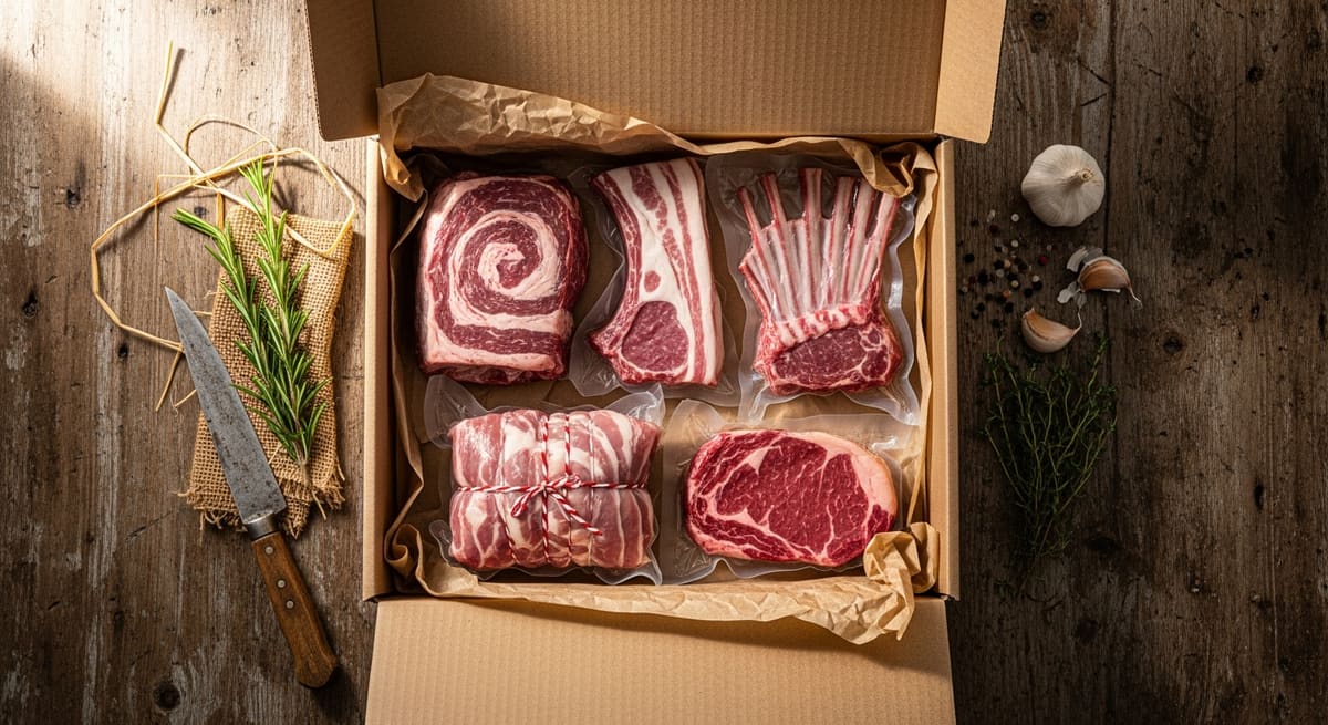 A Butcher Ben delivery box, opened on a weathered wooden table with steaks, sausages and chicken inside, surrounded by a knife roll, herbs and a recipe booklet